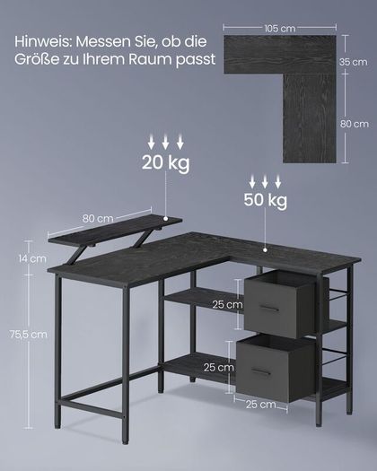 L-shaped desk with monitor stand and shelf
