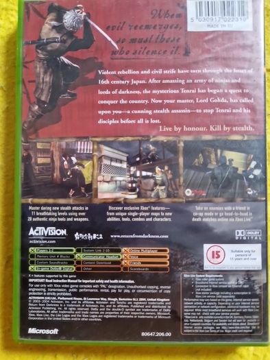 Tenchu Return from Darkness Xbox Original Games Original