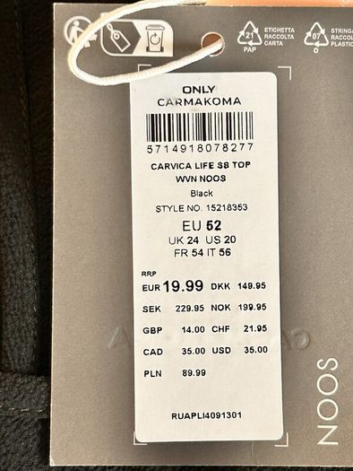 Brand New Ladies Black Top from Only Carmakoma. Size UK 24 / EU 52 cm