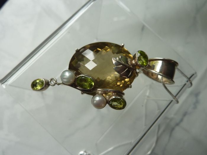 Large Modern Statement Citrine, Peridot & Pearl Pendant with Chain. Sterling Silver