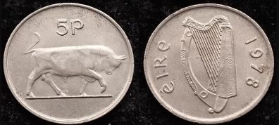 [#1225] - Ireland 1978 | 5 Pence | Irish 5p | Bull | KM.22 | High Grade