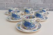 Beautiful and Rare Masons Patent Ironstone Set of Six Straight Sided Coffee/Tea Cup and Saucer Duos in the Regency Pattern, Circa 1950