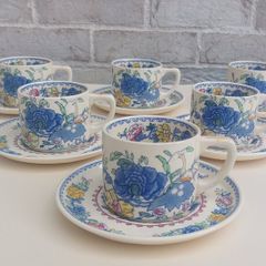 Beautiful and Rare Masons Patent Ironstone Set of Six Straight Sided Coffee/Tea Cup and Saucer Duos in the Regency Pattern, Circa 1950