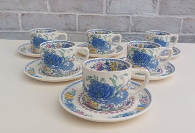 Beautiful and Rare Masons Patent Ironstone Set of Six Straight Sided Coffee/Tea Cup and Saucer Duos in the Regency Pattern, Circa 1950