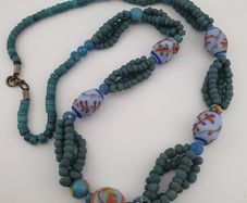 Antique Venetian African Style Skunk & African Turqouise Color Glass Beads Necklace