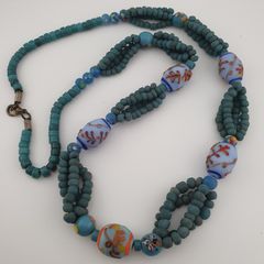 Antique Venetian African Style Skunk & African Turqouise Color Glass Beads Necklace