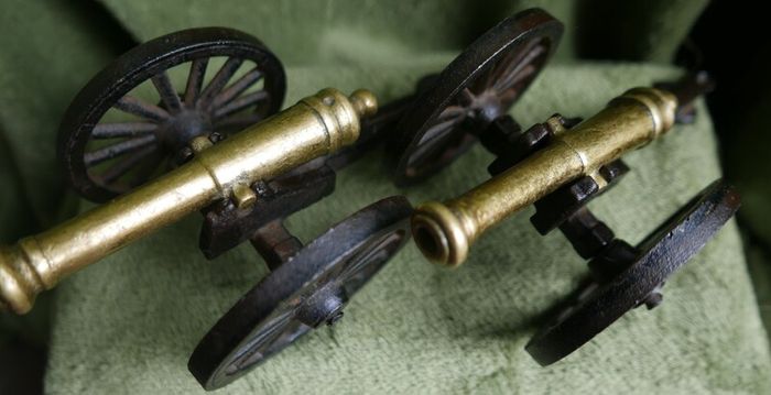 Vintage Brass and Cast Iron Cannons - Moving Wheels - Adjustable Mini Cannon - Set of 2