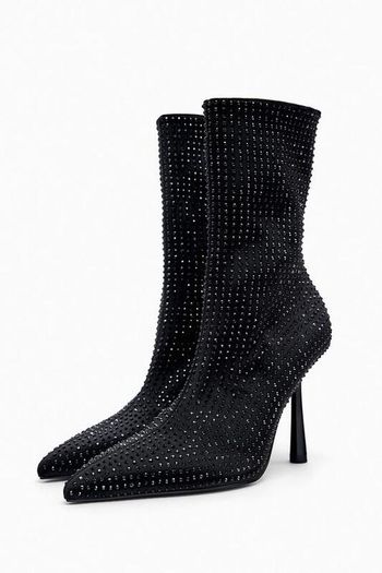 High-heel Dressy Ankle Boots With Sparkly Rhinestones Sequins Jet Black. In Excellent Condition Size Eu 39 Uk 6.   With original protective bag.