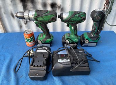 2 cordless 18V Hitachi drills, Hitachi light and 2 chargers