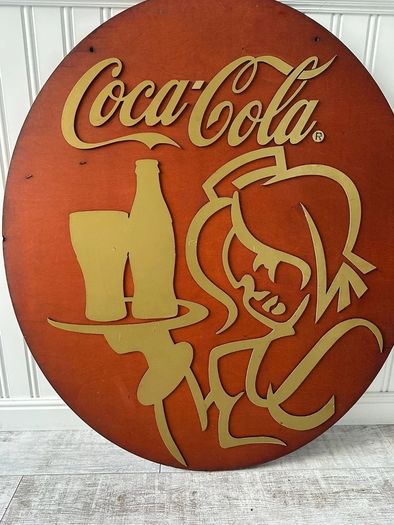 Rare 110cm Coca-Cola Tavern Double Sided Wood Swing Sign 3D Metal Relief 1970s