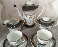 Vintage Japanese Black Moriage Dragonware Teapot Set