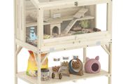 Hamster cage, 2 levels, small pet cage with storage compartment, accessories, 84 x 53 x 110 cm, Natural wood