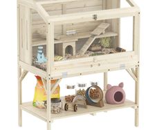 Hamster cage, 2 levels, small pet cage with storage compartment, accessories, 84 x 53 x 110 cm, Natural wood