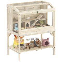 Hamster cage, 2 levels, small pet cage with storage compartment, accessories, 84 x 53 x 110 cm, Natural wood