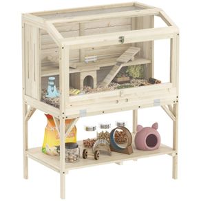 Hamster cage, 2 levels, small pet cage with storage compartment, accessories, 84 x 53 x 110 cm, Natural wood