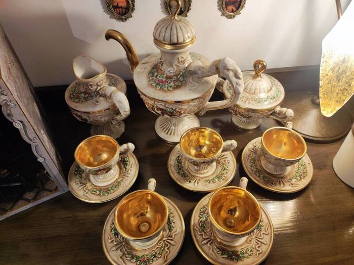 Vintage Italian Capodimonte Porcelain Tea Set-Gold & Floral Decoration