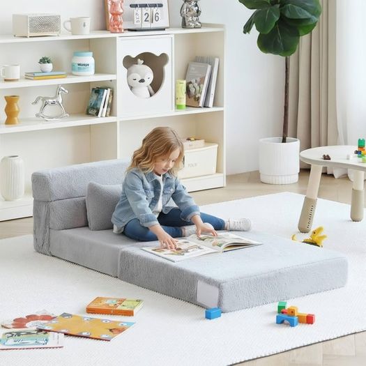Convertible Folding Kids Sofa Bed with Pillow & Storage Bag, Plush Fabric Floor Mattress Couch Bed, Washable Cover, Kids Room, Playroom, Dorm, Apartment, White Grey