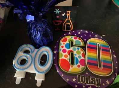 60th Birthday Decorations, Buntings , Candles, Badge , Balloon Weight