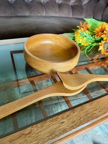 Mid Century Honey Teak Turned Medium Salad Bowl and Servers by Retos Shannon