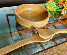Mid Century Honey Teak Turned Medium Salad Bowl and Servers by Retos Shannon