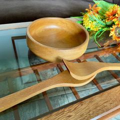 Mid Century Honey Teak Turned Medium Salad Bowl and Servers by Retos Shannon