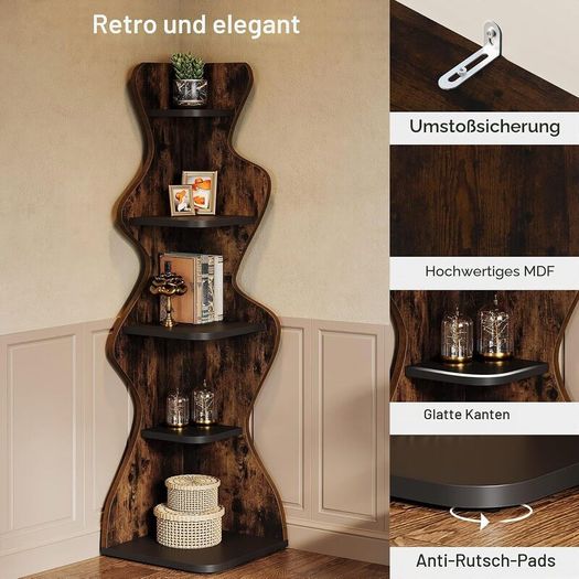 5 Tier Corner Shelf, Wooden Corner Bookcase, Freestanding Display Storage Shelf, Plant Stand for Living Room, Bedroom & Small Spaces