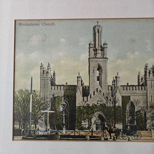 Framed hand-tinted historical print of Monkstown Parish Church, a 19th-century church located in Monkstown, County Dublin
