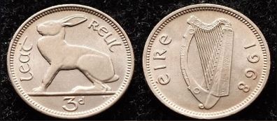 [#250] - Ireland 1968 | 3 Pence | Irish 3d | Hare | KM.12a | BUNC