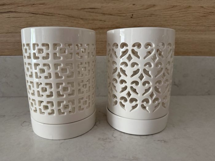 2x white ceramic orchid planters with saucers