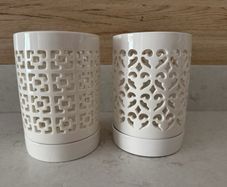 2x white ceramic orchid planters with saucers