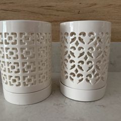 2x white ceramic orchid pots planters with saucers