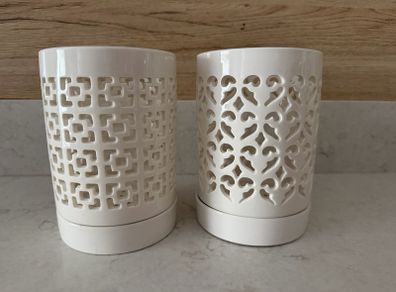 2x white ceramic orchid planters with saucers