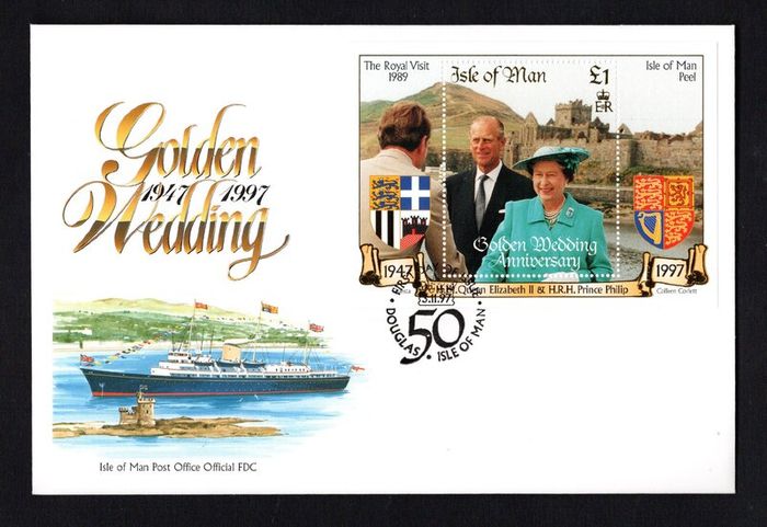 1997 Isle of Man Golden Wedding of Queen Elizabeth II and Prince Philip Commemorative Stamp Miniature Sheet First Day Cover (FDC)