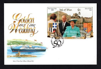 1997 Isle of Man Golden Wedding of Queen Elizabeth II and Prince Philip Commemorative Stamp Miniature Sheet First Day Cover (FDC)
