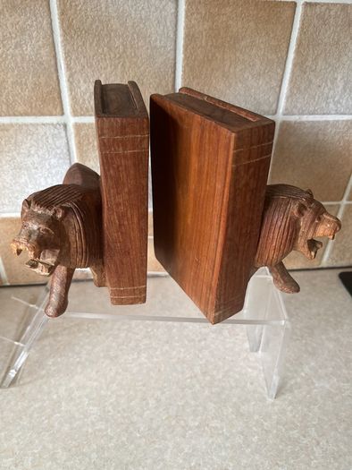 Handcarved Wooden Roaring Lions Bookends