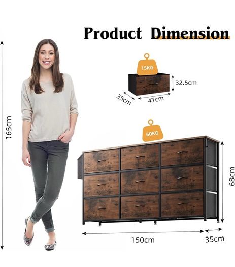 Fabric Chest of Drawers 9 Drawers Large TV Stand for 43-65 TVs Label Cards, Side Pocket &