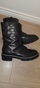 M&S Black Military Style Leather Lace Up Zip Buckle Boots