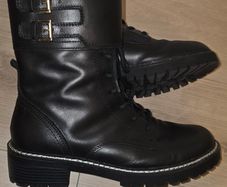 M&S Black Military Style Leather Lace Up Zip Buckle Boots