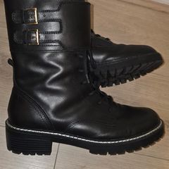M&S Black Military Style Leather Lace Up Zip Buckle Boots