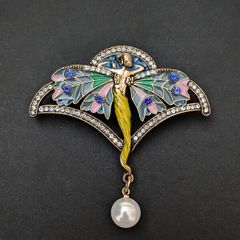 Art Nouveau Vintage Style Angel Lady Wings Fairy Pearl Brooch Pin