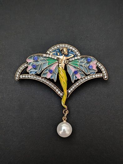 Art Nouveau Vintage Style Angel Lady Wings Fairy Pearl Brooch Pin