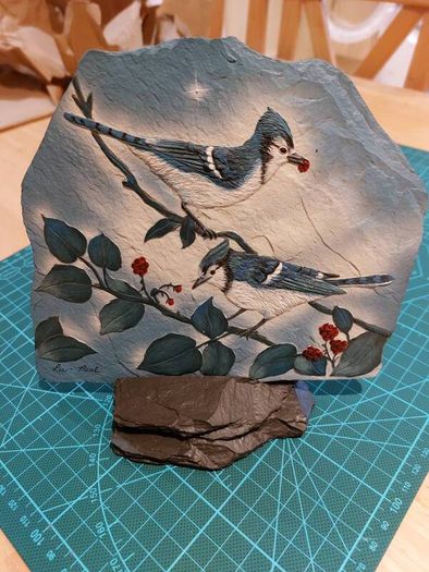 Blue Jay Pair - original painting on slate