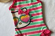 Kids Sanrio Hello Kitty Pink and Green Striped One Piece Swimsuit