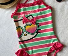 Kids Sanrio Hello Kitty Pink and Green Striped One Piece Swimsuit