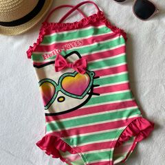 Kids Sanrio Hello Kitty Pink and Green Striped One Piece Swimsuit