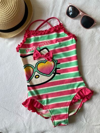 Kids Sanrio Hello Kitty Pink and Green Striped One Piece Swimsuit