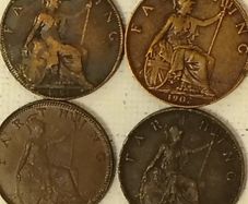Four English Farthing Coins 1896 to 1932