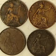 Four English Farthing Coins 1896 to 1932