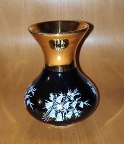 Prinknash Abbey Pottery Black bud vase with white Lilly of the Valley flowers pattern
