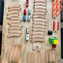 72 Piece Wooden train set, trains, tracks , bridges, blocks and stations